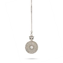 CARTIER, AN ANTIQUE FOB WATCH NECKLACE in white gold and platinum, the trace chain suspending a p...