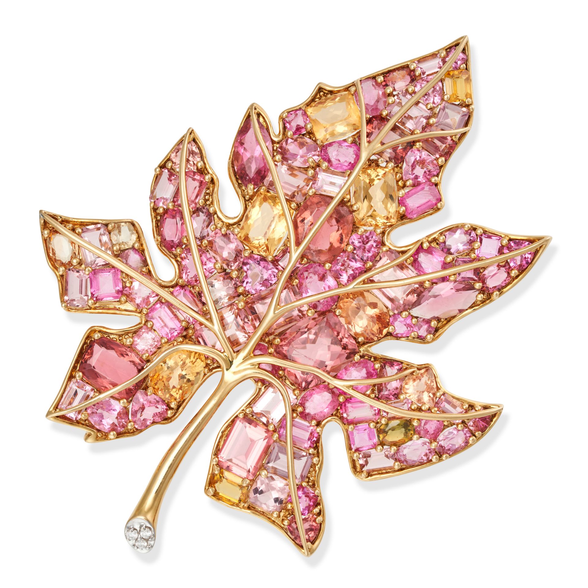 VERDURA, A SUPERB TOURMALINE AND SAPPHIRE MAPLE LEAF BROOCH in 18ct yellow gold, designed as a ma...