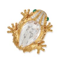 DAVID WEBB, A ROCK CRYSTAL, EMERALD AND DIAMOND FROG BROOCH in 18ct yellow gold and platinum, des...