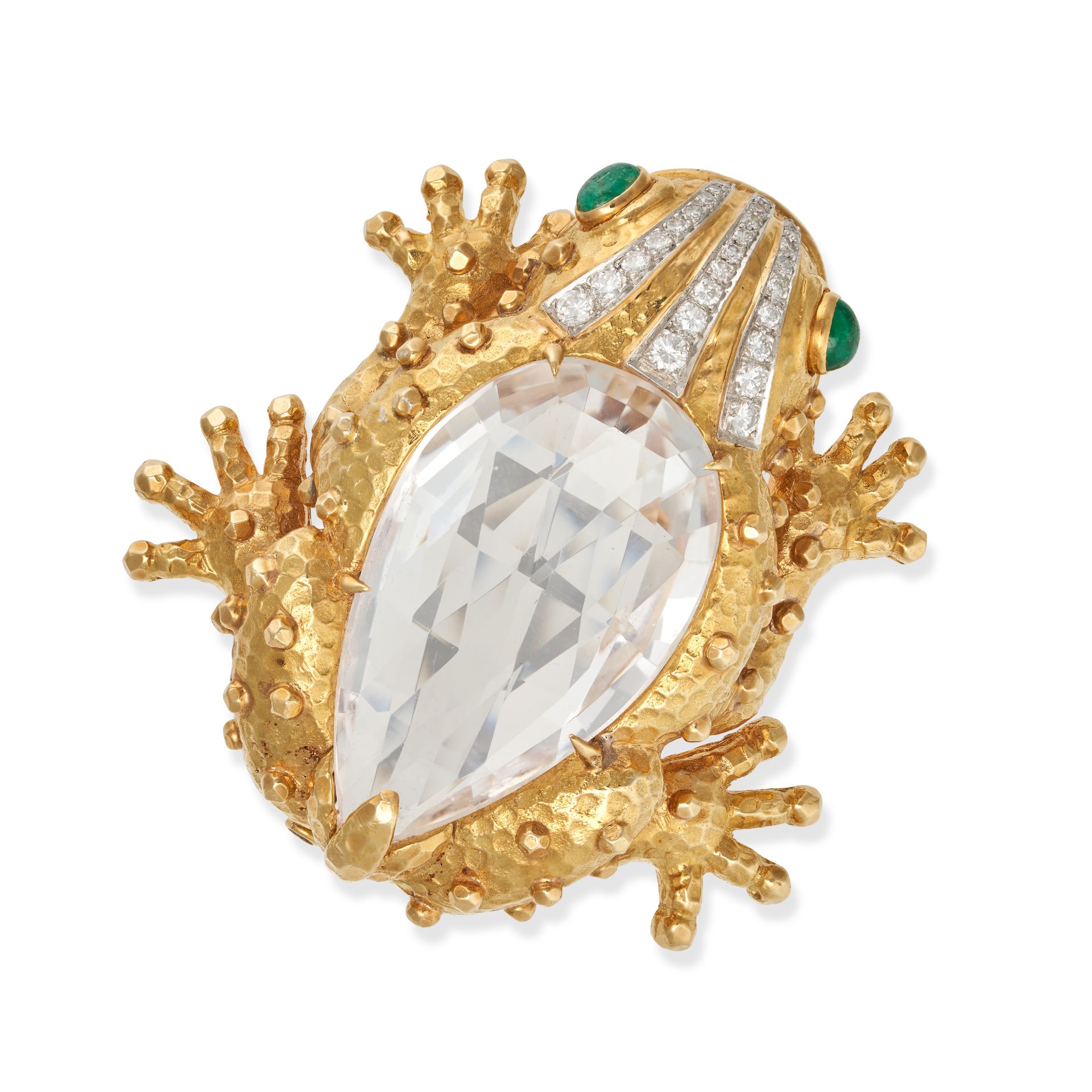 DAVID WEBB, A ROCK CRYSTAL, EMERALD AND DIAMOND FROG BROOCH in 18ct yellow gold and platinum, des...