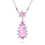 A FINE ANTIQUE PINK TOPAZ AND DIAMOND PENDANT NECKLACE in yellow gold and platinum, the pendant s...