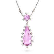 A FINE ANTIQUE PINK TOPAZ AND DIAMOND PENDANT NECKLACE in yellow gold and platinum, the pendant s...