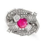 A RUBY AND DIAMOND DRESS RING in platinum, set with a cushion cut ruby of approximately 0.60 cara...