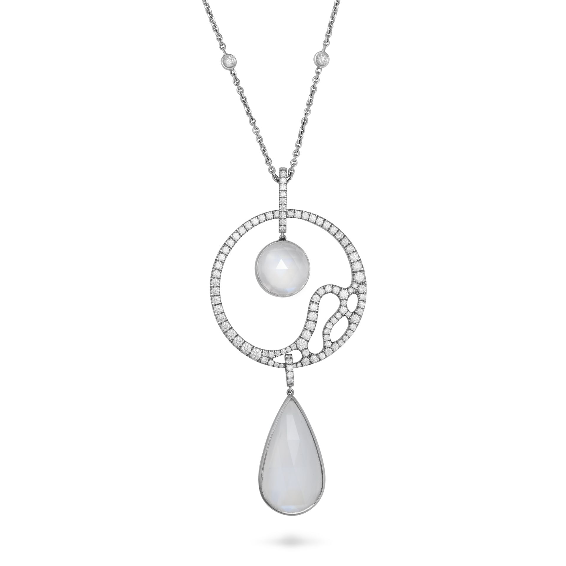BOODLES, A MOONSTONE AND DIAMOND SEASCAPE PENDANT NECKLACE in white gold, the openwork circular p...