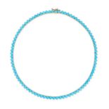 A TURQUOISE LINE NECKLACE in 18ct yellow gold, comprising a row of round cabochon turquoise, stam...