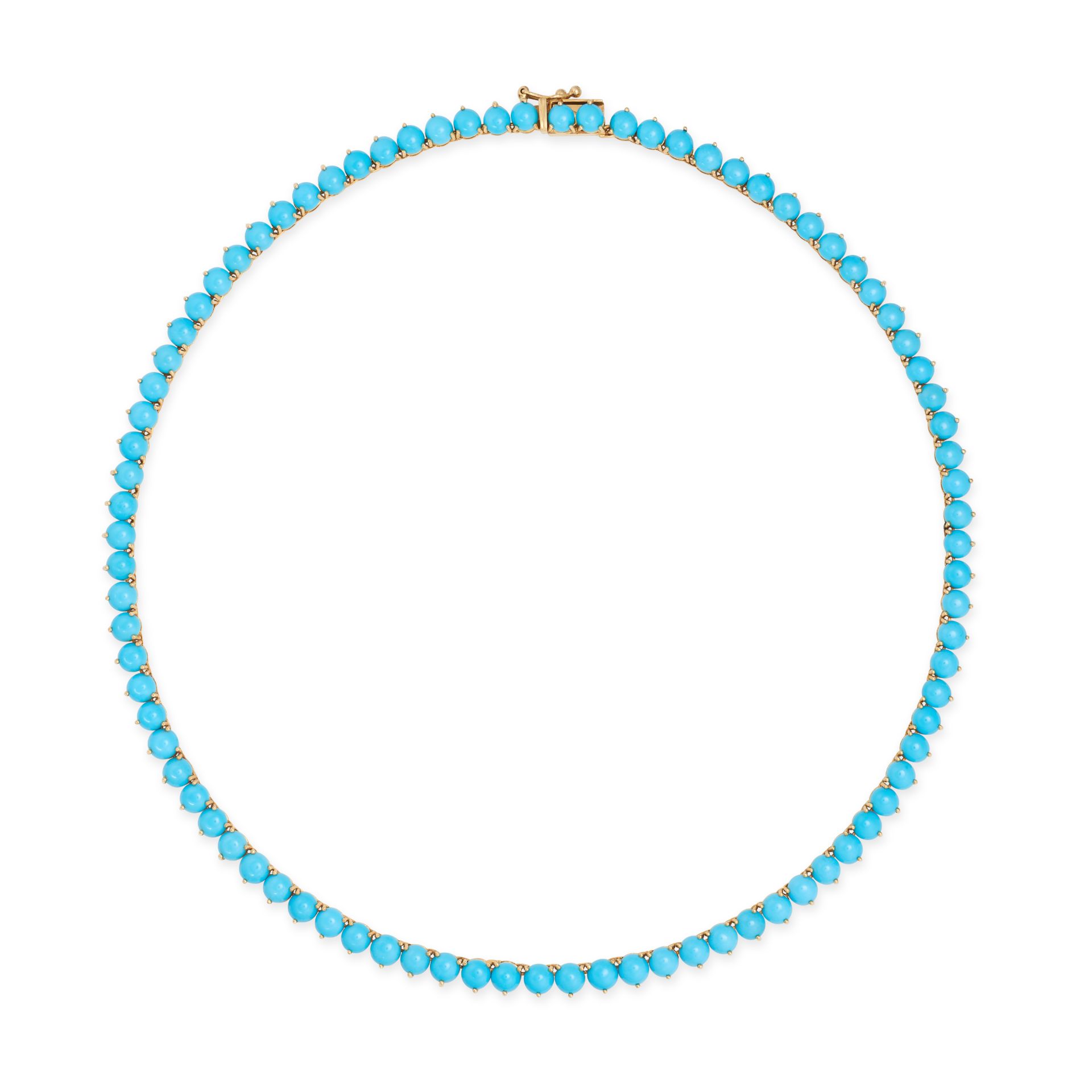 A TURQUOISE LINE NECKLACE in 18ct yellow gold, comprising a row of round cabochon turquoise, stam...