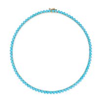 A TURQUOISE LINE NECKLACE in 18ct yellow gold, comprising a row of round cabochon turquoise, stam...