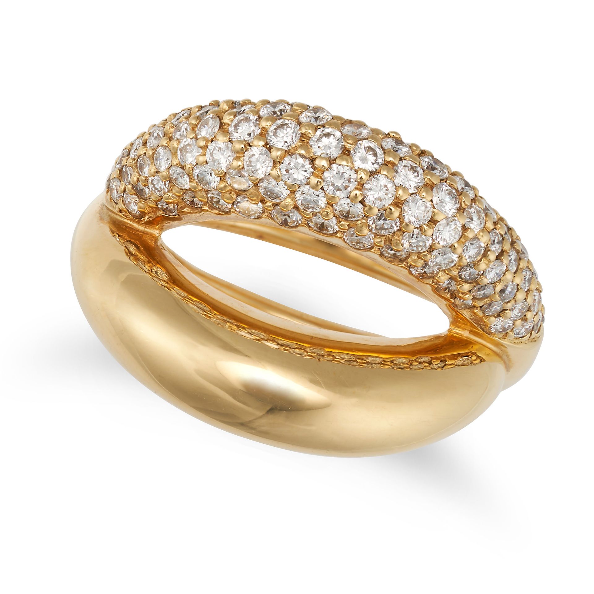 MAUBOUSSIN, A DIAMOND TWINS RING in 18ct yellow gold, comprising two bands, one pave set with rou...