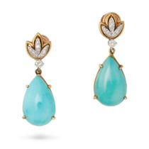 TIFFANY & CO., A PAIR OF VINTAGE TURQUOISE AND DIAMOND DROP EARRINGS in 18ct yellow gold, each se...