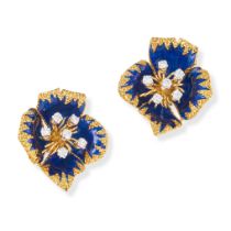 CARTIER, A PAIR OF DIAMOND AND ENAMEL FLOWER CLIP EARRINGS in 18ct yellow gold and platinum, each...