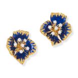 CARTIER, A PAIR OF DIAMOND AND ENAMEL FLOWER CLIP EARRINGS in 18ct yellow gold and platinum, each...