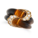VAN CLEEF & ARPELS, A VINTAGE TIGER'S EYE AND DIAMOND RING in 18ct yellow gold, comprising two po...
