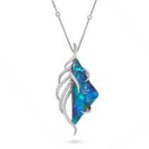 BOODLES, A FINE BLACK BOULDER OPAL AND DIAMOND PENDANT NECKLACE in 18ct white gold, the pendant s...
