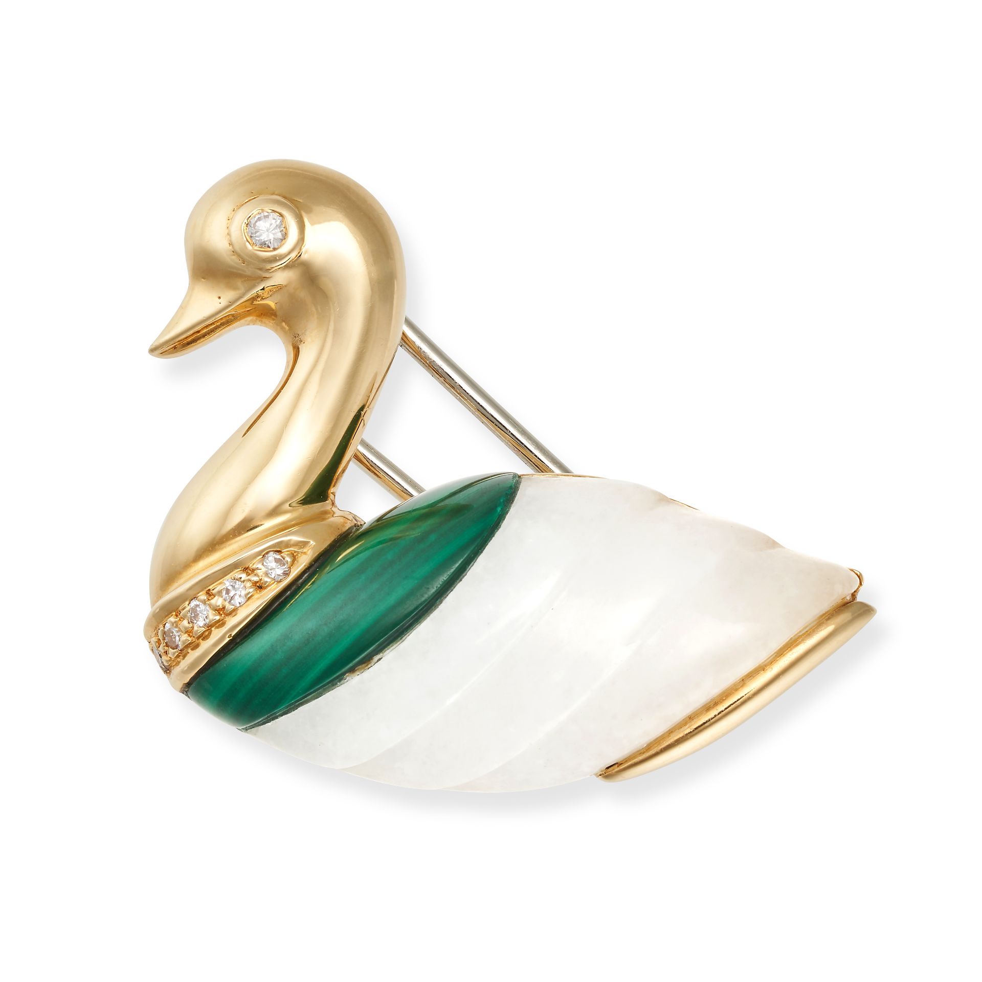 A MALACHITE, WHITE JADE AND DIAMOND SWAN BROOCH in 18ct yellow gold, designed as a swan set with ...