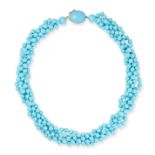 A TURQUOISE BEAD NECKLACE in 14ct yellow gold, comprising five rows of polished turquoise beads, ...