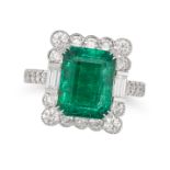 AN EMERALD AND DIAMOND RING in 18ct white gold, set with an octagonal step cut emerald of 5.56 ca...