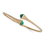 A MALACHITE AND DIAMOND BANGLE in yellow gold, the hinged open cuff bangle set with two cabochon ...