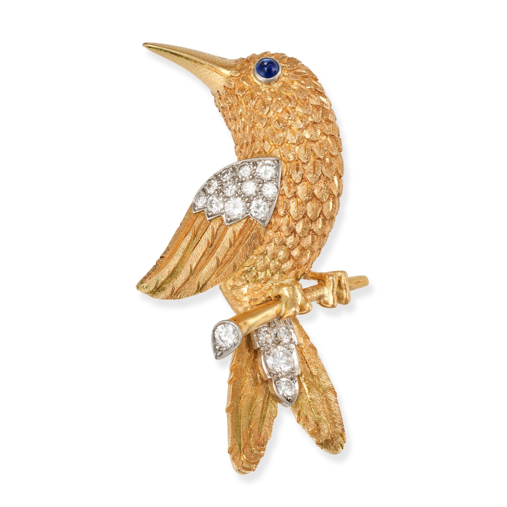 CARTIER, A SAPPHIRE AND DIAMOND BIRD BROOCH in 18ct yellow gold and platinum, designed as a bird ...