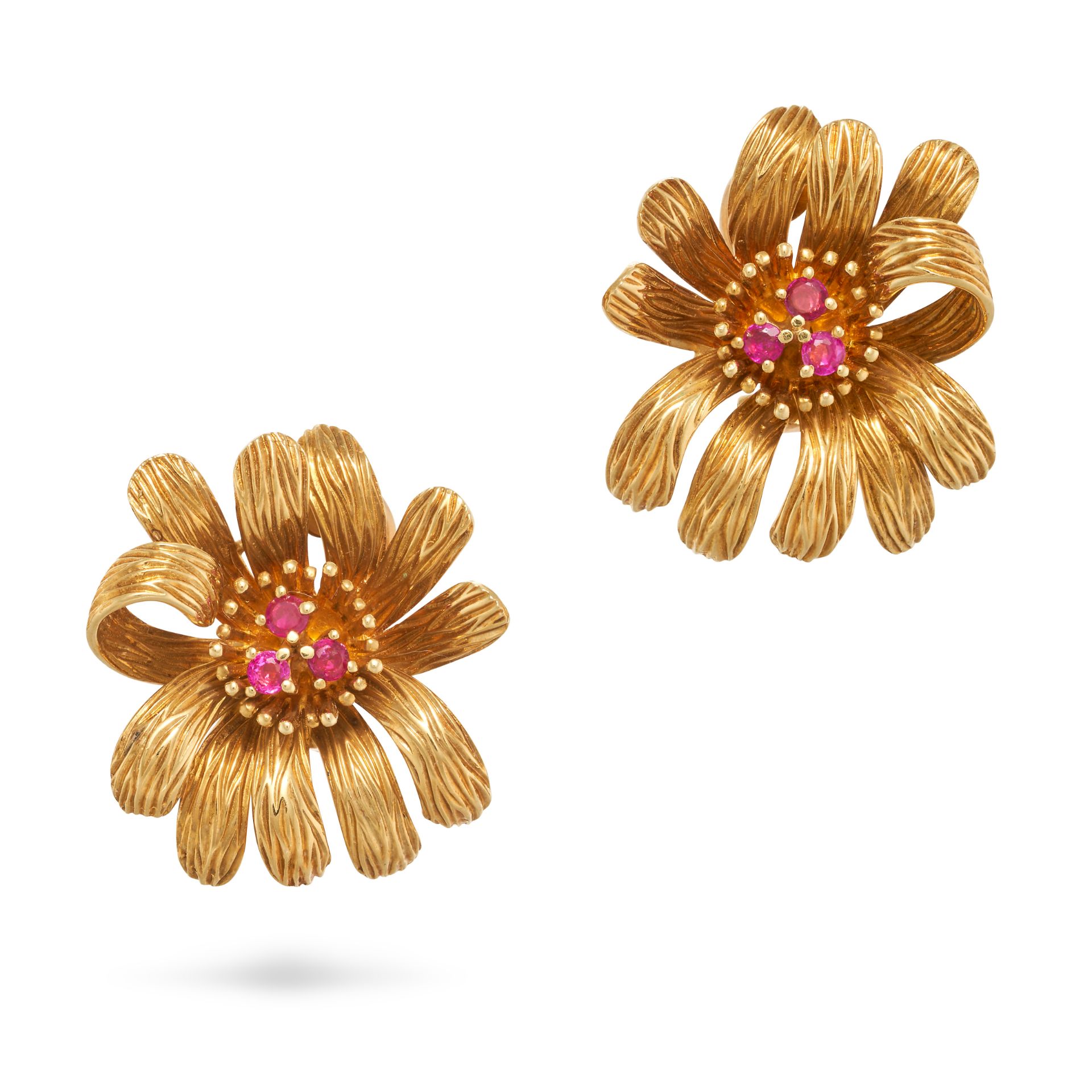 CARTIER, A PAIR OF RUBY FLOWER EARRINGS in 18ct yellow gold, each designed as a flower set with a...