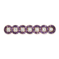 CARTIER, AN ART DECO AMETHYST AND DIAMOND BAR BROOCH in 18ct yellow gold, set with a row of seven...