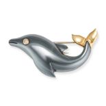 A HEMATITE AND DIAMOND DOLPHIN BROOCH in 18ct yellow gold, comprising a polished hematite carved ...