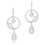 BOODLES, A PAIR OF MOONSTONE AND DIAMOND SEASCAPE EARRINGS in 18ct white gold, the openwork circu...