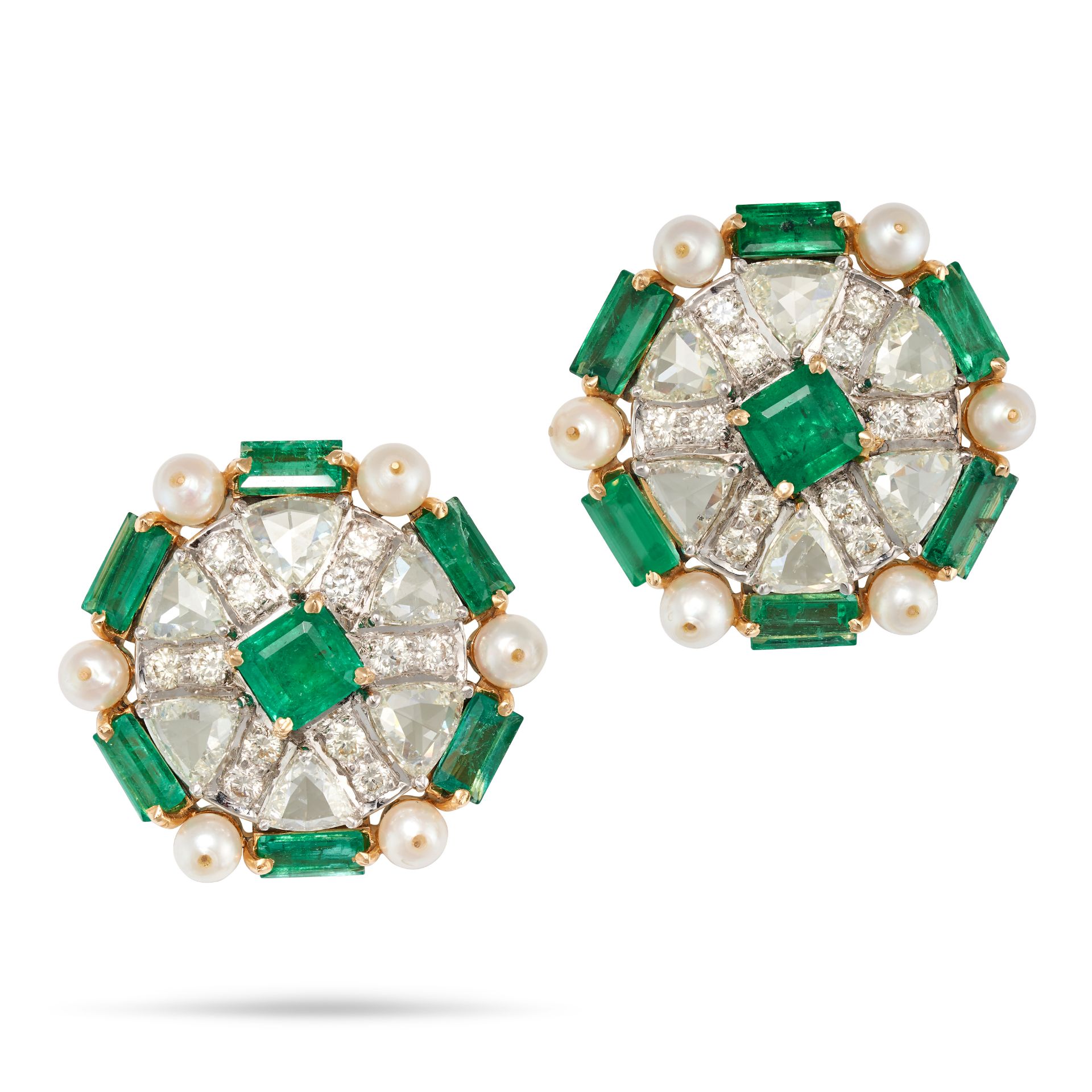 A PAIR OF EMERALD, DIAMOND AND PEARL EARRINGS in yellow and white gold, each set with an octagona...