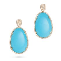 A PAIR OF TURQUOISE AND DIAMOND DROP EARRINGS in 18ct yellow gold, each comprising a top set with...