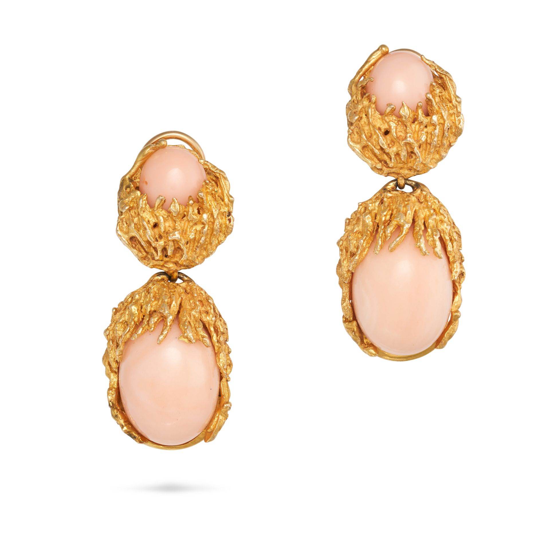 A PAIR OF CORAL DROP EARRINGS in 14ct yellow gold, each set with a round cabochon coral in a styl...