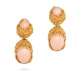 A PAIR OF CORAL DROP EARRINGS in 14ct yellow gold, each set with a round cabochon coral in a styl...
