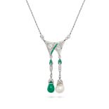 AN ART DECO EMERALD, PEARL AND DIAMOND NEGLIGEE NECKLACE in white gold and platinum, the pendant ...