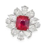 A BURMA NO HEAT PIGEON'S BLOOD RUBY AND DIAMOND RING in 18ct white gold, set with a cushion cut r...