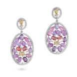 A PAIR OF MULTICOLOUR SAPPHIRE AND DIAMOND DROP EARRINGS in 18ct white gold, each comprising a pe...