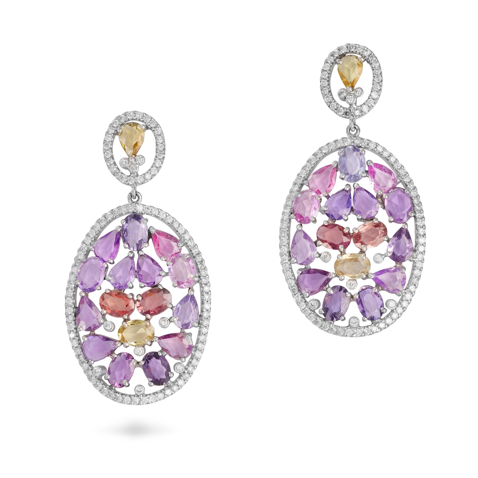 A PAIR OF MULTICOLOUR SAPPHIRE AND DIAMOND DROP EARRINGS in 18ct white gold, each comprising a pe...