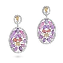 A PAIR OF MULTICOLOUR SAPPHIRE AND DIAMOND DROP EARRINGS in 18ct white gold, each comprising a pe...