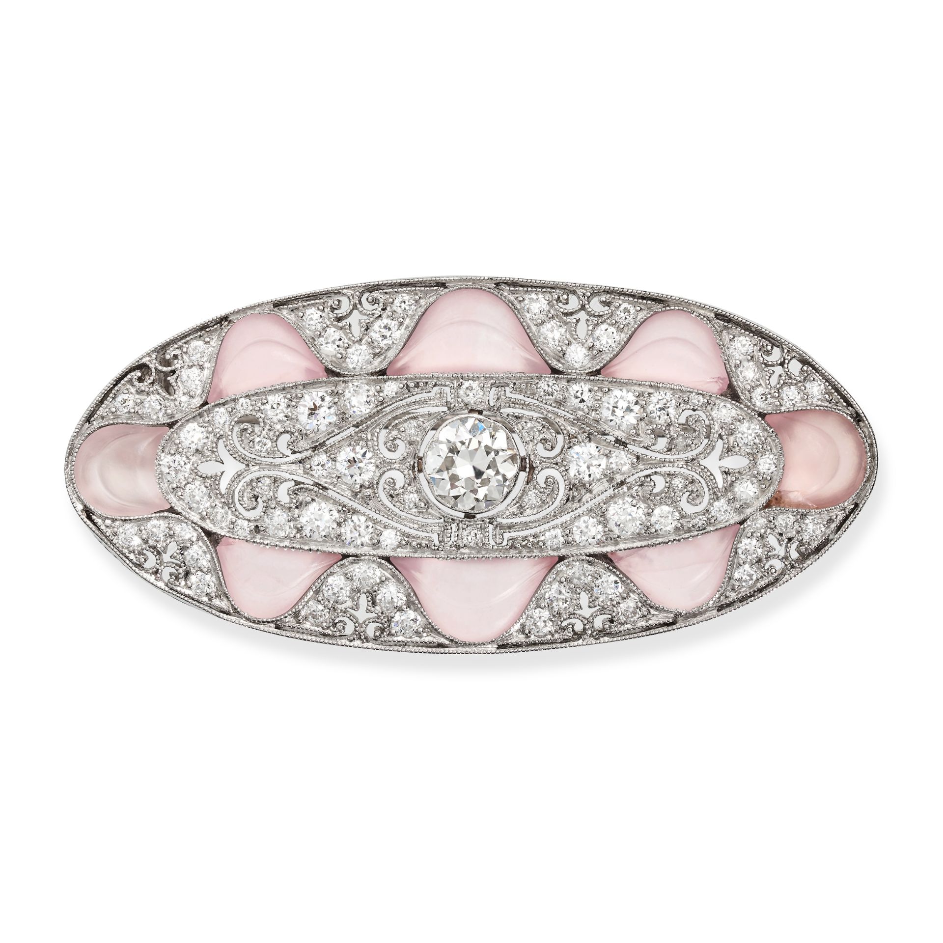 TIFFANY & CO., AN EXQUISITE ART DECO ROCK CRYSTAL AND DIAMOND BROOCH in platinum, the oval brooch...