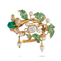 A FINE ANTIQUE EMERALD, DIAMOND AND PEARL FLORAL SPRAY BROOCH, 19TH CENTURY in yellow gold, desig...