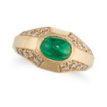 BULGARI, AN EMERALD AND DIAMOND RING in 18ct yellow gold, set with an oval cabochon emerald accen...