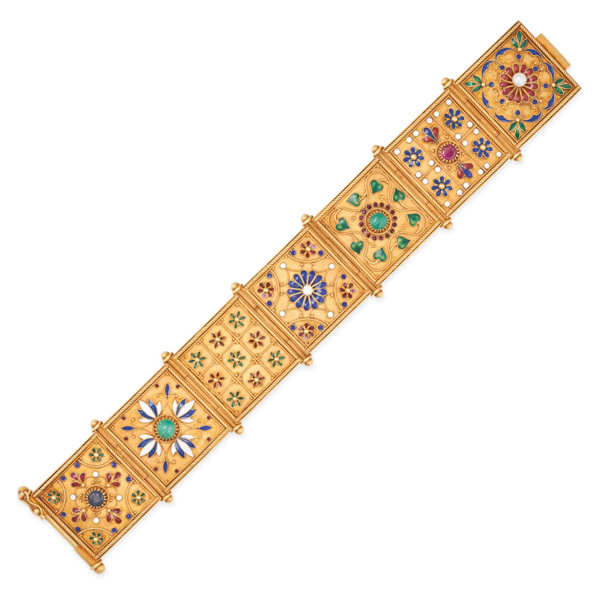 A MULTIGEM AND ENAMEL BRACELET in 18ct yellow gold, comprising seven plaques set with a round bri...