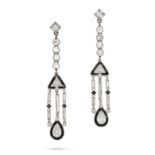 A PAIR OF ART DECO DIAMOND AND ONYX DROP EARRINGS in 18ct yellow and white gold, each set with sq...