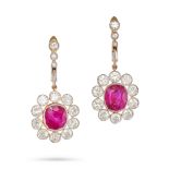 A PAIR OF BURMA NO HEAT RUBY AND DIAMOND EARRINGS in 18ct yellow gold, each designed as a cluster...