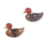 A PAIR OF DIAMOND, CHALCEDONY AND RHODONITE DUCK BROOCHES in 18ct yellow gold, each designed as a...