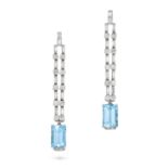 A FINE PAIR OF AQUAMARINE AND DIAMOND DROP EARRINGS in platinum, each comprising two baguette cut...