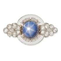 A FINE STAR SAPPHIRE, ROCK CRYSTAL AND DIAMOND BROOCH in white gold, set with an oval cabochon st...