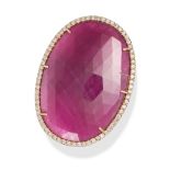 A RUBY AND DIAMOND RING in 18ct yellow gold, set with an oval facetted ruby of 49.71 carats in a ...