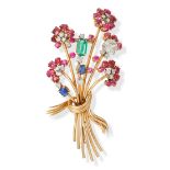 A FRENCH MULTIGEM FLORAL SPRAY BROOCH in 18ct yellow and white gold, designed as a floral spray s...