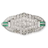 A FINE EMERALD AND DIAMOND BROOCH in platinum and white gold, the geometric brooch set to the cen...