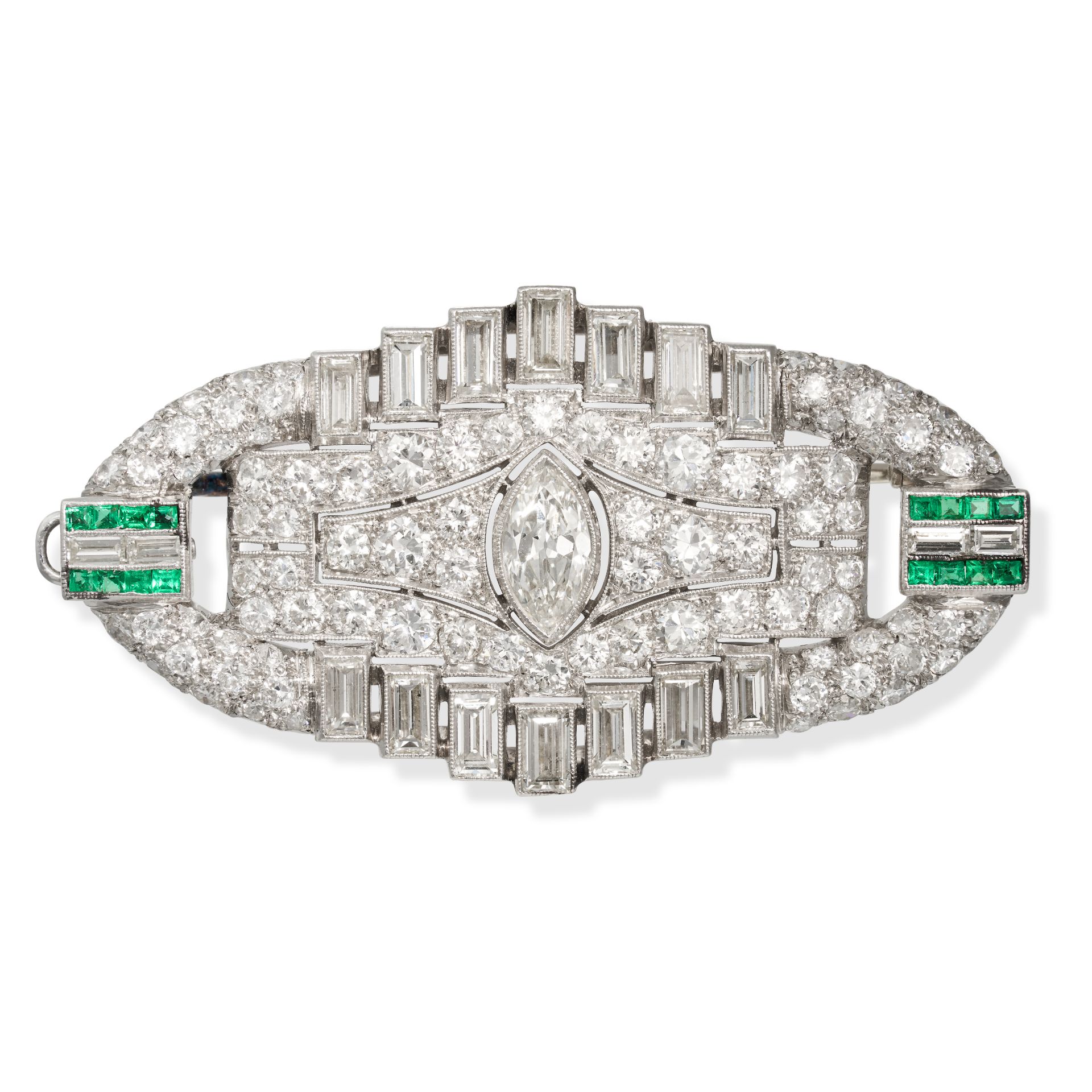 A FINE EMERALD AND DIAMOND BROOCH in platinum and white gold, the geometric brooch set to the cen...