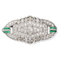 A FINE EMERALD AND DIAMOND BROOCH in platinum and white gold, the geometric brooch set to the cen...