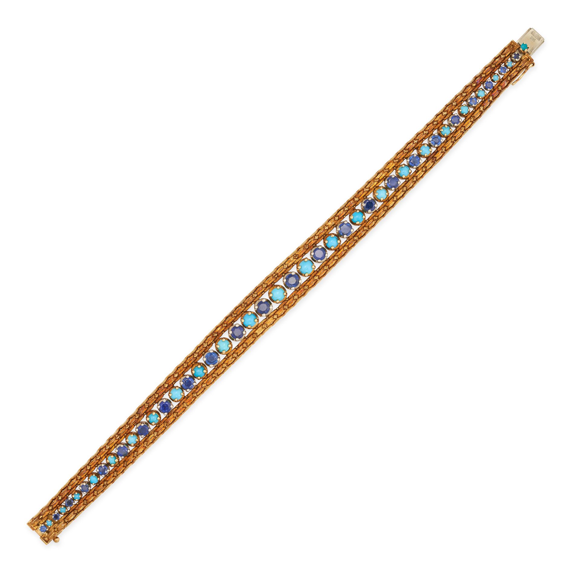 CARTIER, A  VINTAGE SAPPHIRE AND TURQUOISE BRACELET in 18ct yellow gold, set with a graduating ro...